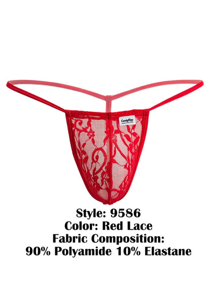 CandyMan 9586 red lace g-string thong with delicate floral pattern and thin matching elastic straps visible from the back