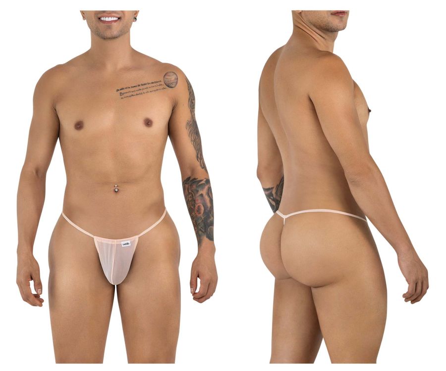 CandyMan 9586 g-string sheer light pink thong with minimalist design and brand tag in tangerine mesh material