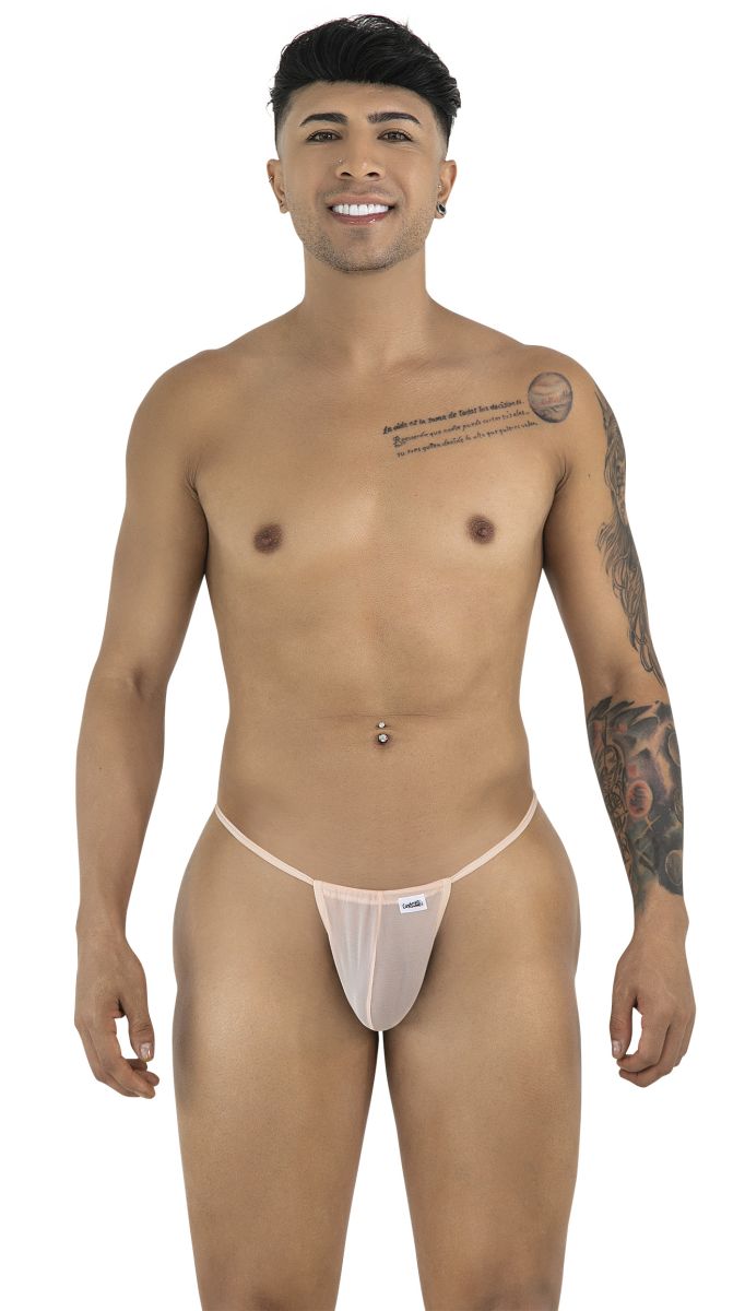 A light pink sheer mesh thong with a thin waistband and small brand tag from candyman 9586 g-string tangerine mesh