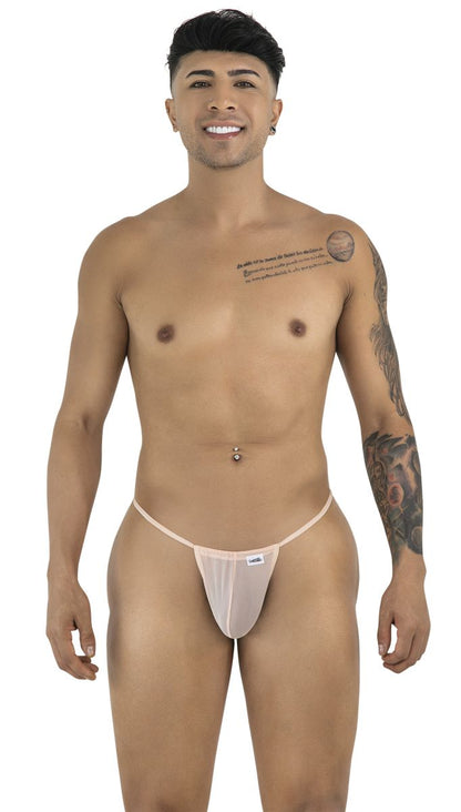 A light pink sheer mesh thong with a thin waistband and small brand tag from candyman 9586 g-string tangerine mesh