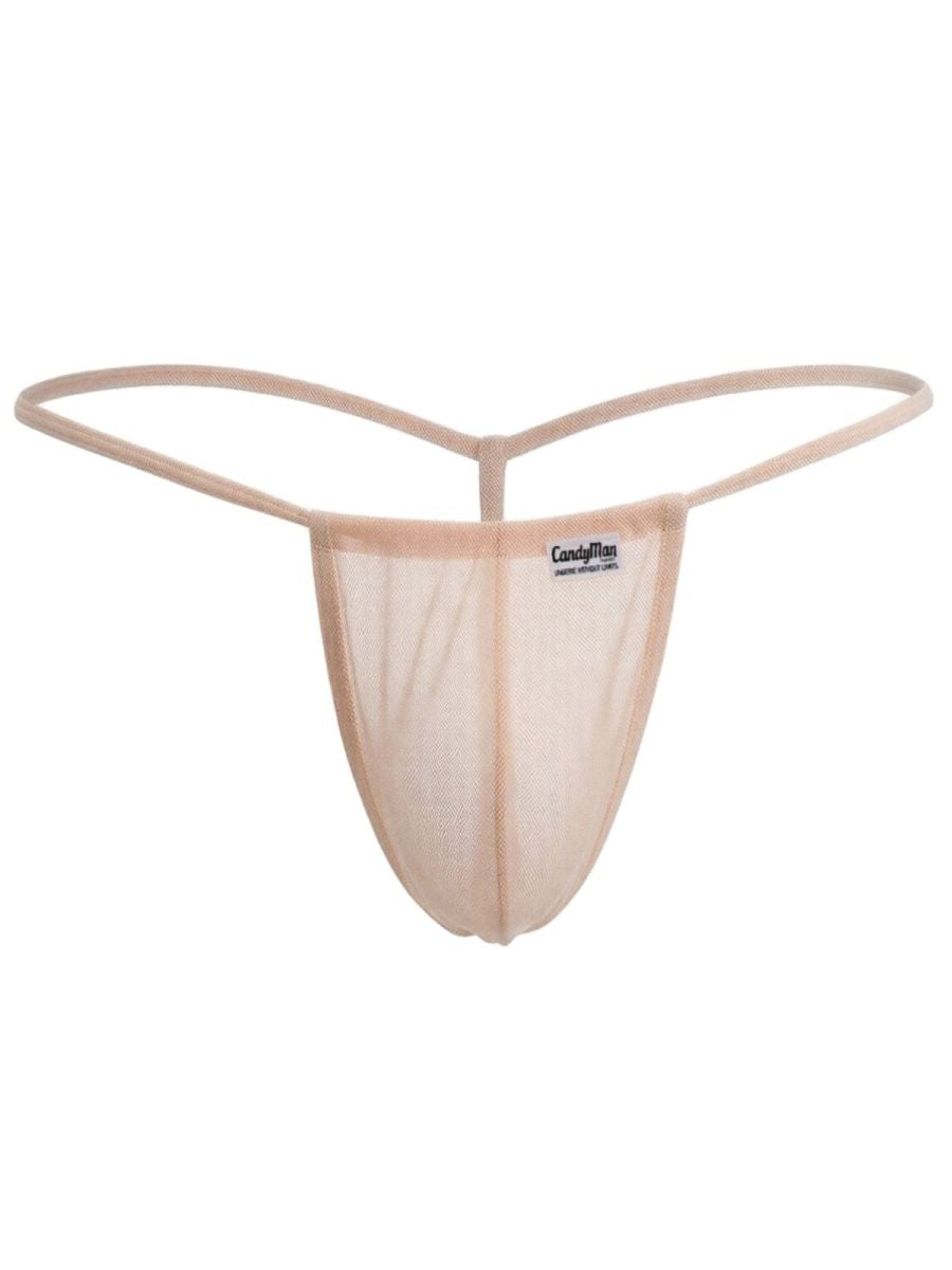 Beige mesh CandyMan 9586 g-string thong with thin elastic straps and small candyman brand label in tangerine mesh