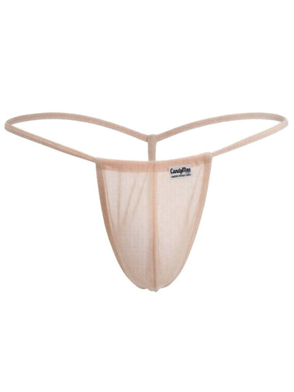 Beige mesh CandyMan 9586 g-string thong with thin elastic straps and small candyman brand label in tangerine mesh