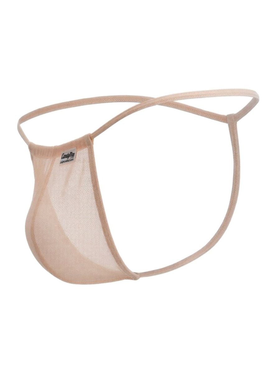 Beig mesh thong g-string with thin crossed waistband and small brand tag on the side candy man 9586 tangerine mesh