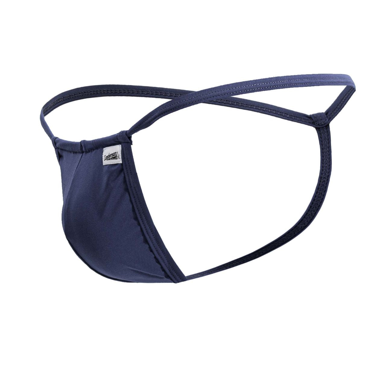 Navy blue candyMan 9586 g-string thong with thin crossed elastic straps and small brand tag on the side