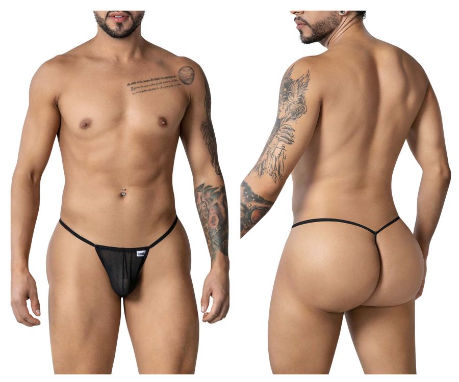 Black mesh CandyMan 99246 G-string thong with thin elastic waistband and small white brand tag