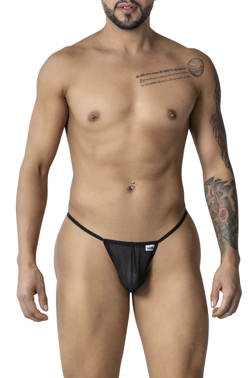 Black CandyMan 99246 mesh thong g-string with a small white brand tag on the front