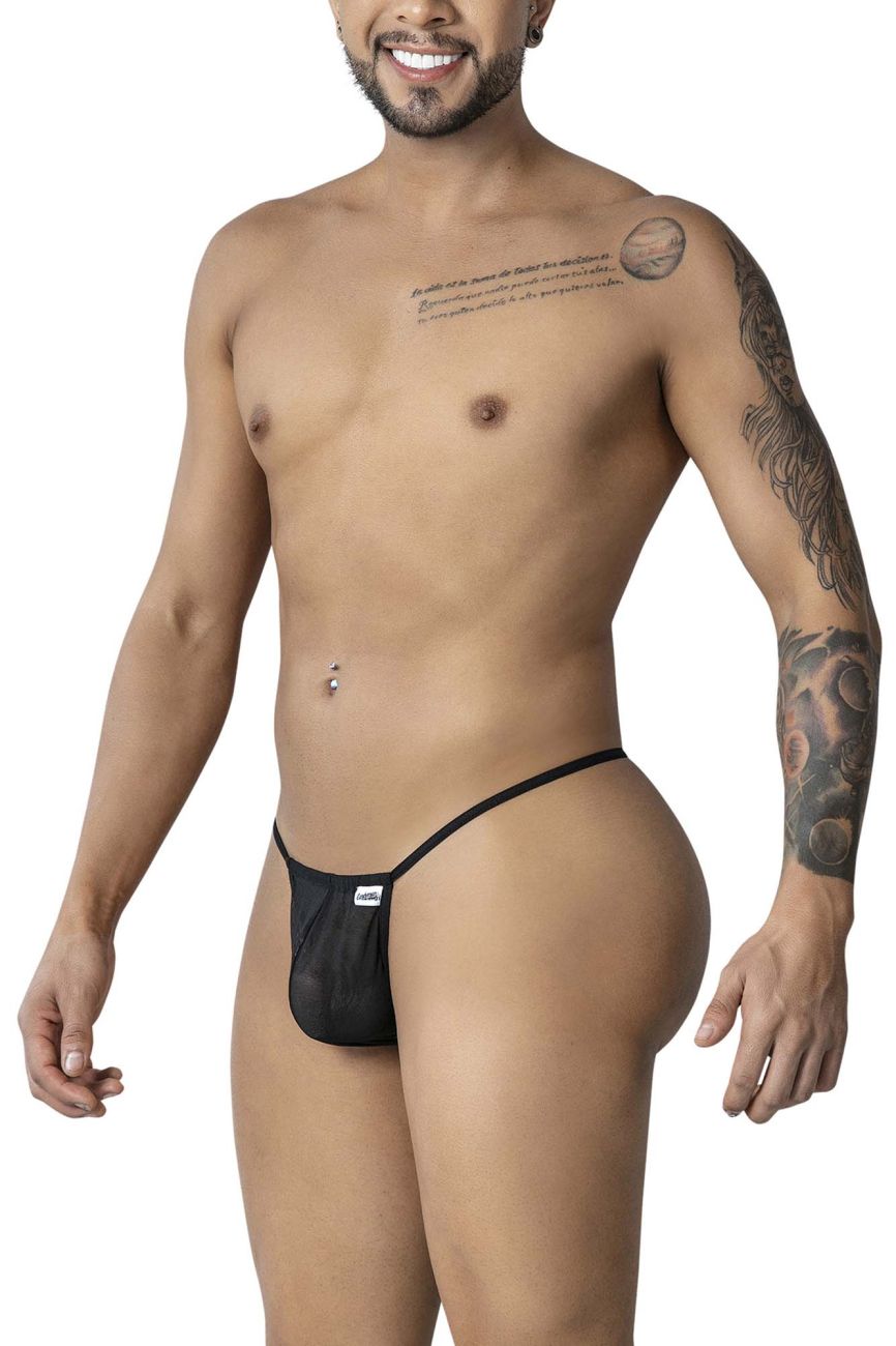 Black mesh CandyMan 99246 G-string thong with small white brand tag on the side showing front view