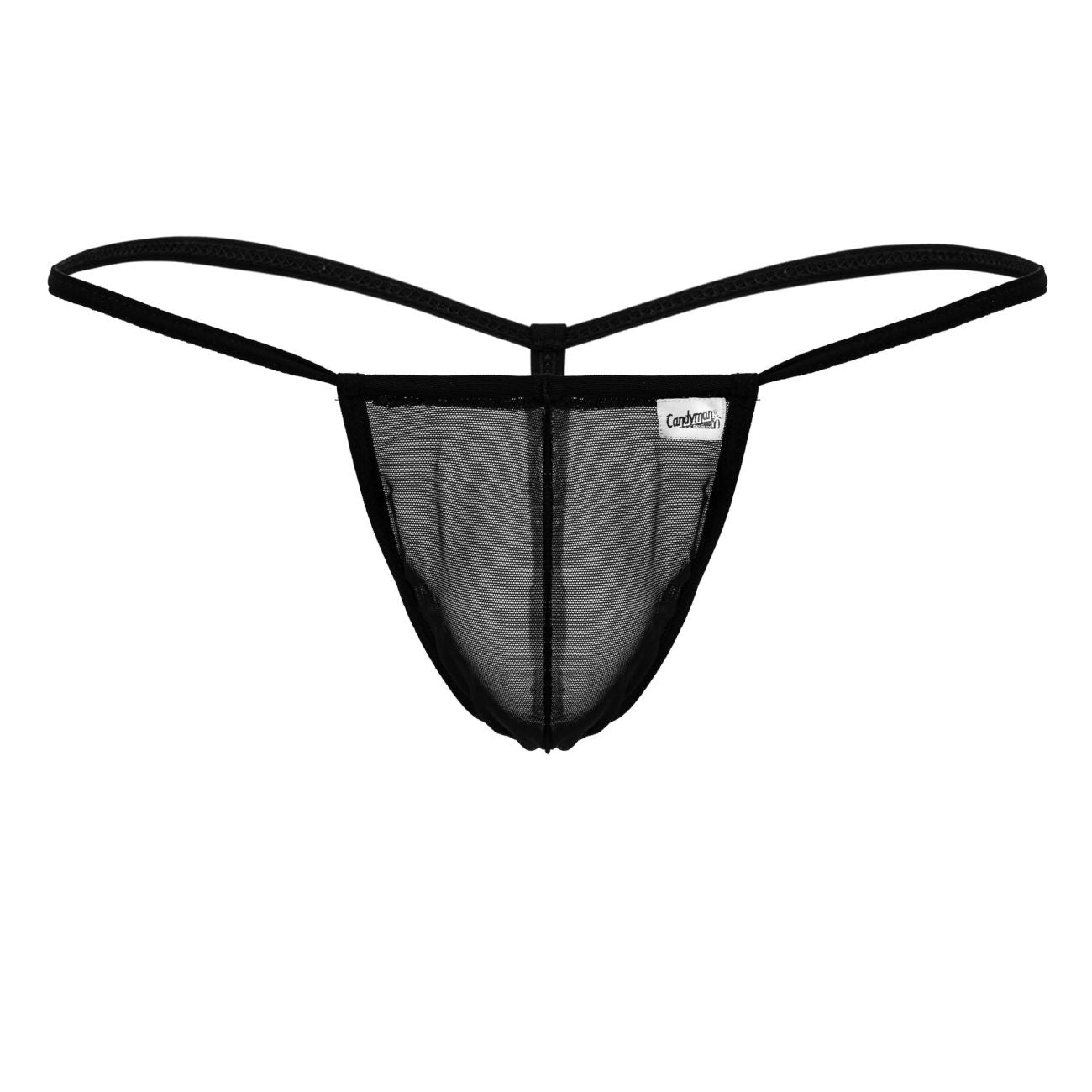 Black candyMan 99246 g-string thong with black mesh fabric thin elastic straps and branded label visible in front