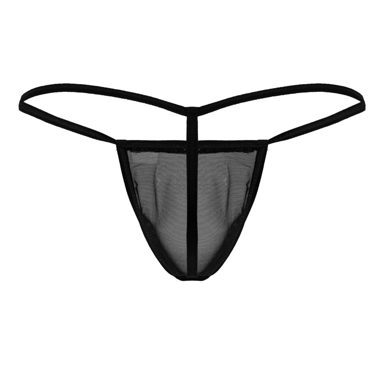 Black mesh candyMan 99246 g-string thong with thin elastic straps and central vertical seam front view