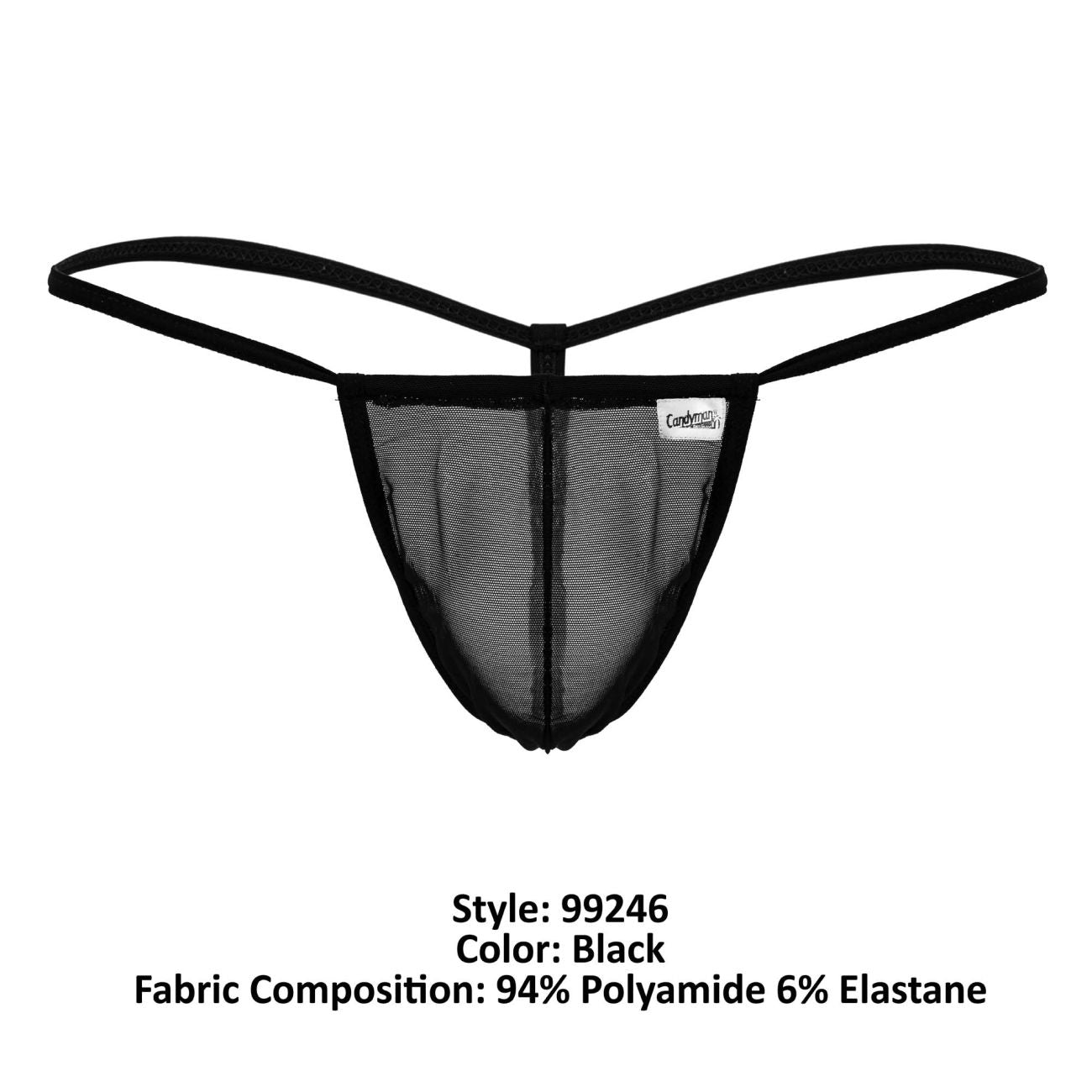 Black CandyMan 99246 mesh thong with thin elastic straps and small white brand tag visible on the front side
