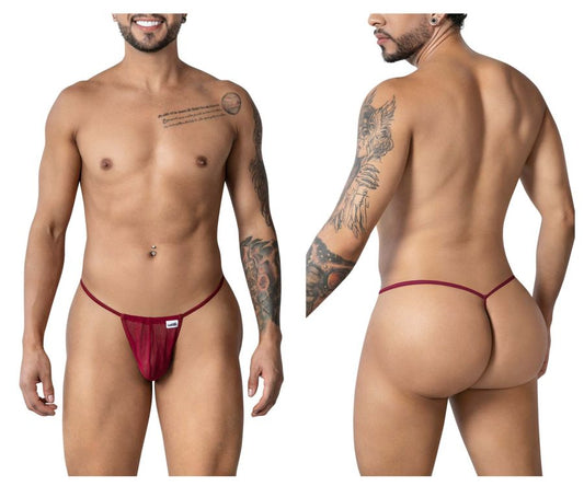 CandyMan 99246 burgundy g-string thong in maroon mesh with a small white brand tag on the front
