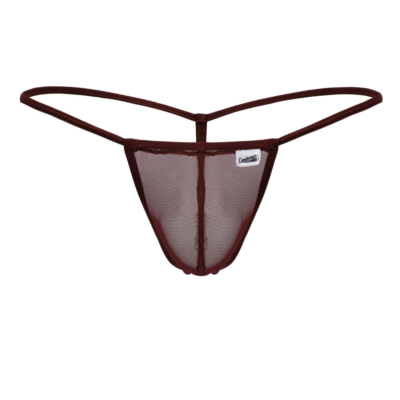 Maroon CandyMan 99246 g-string thong with mesh fabric thin elastic straps and branded label visible on front side