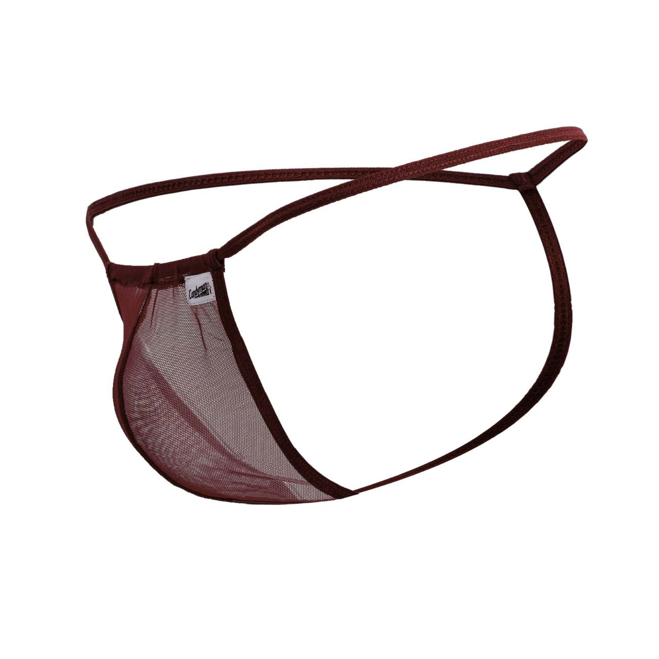 CandyMan 99246 g-string thong in burgundy mesh with thin solid fabric straps and a small brand tag visible