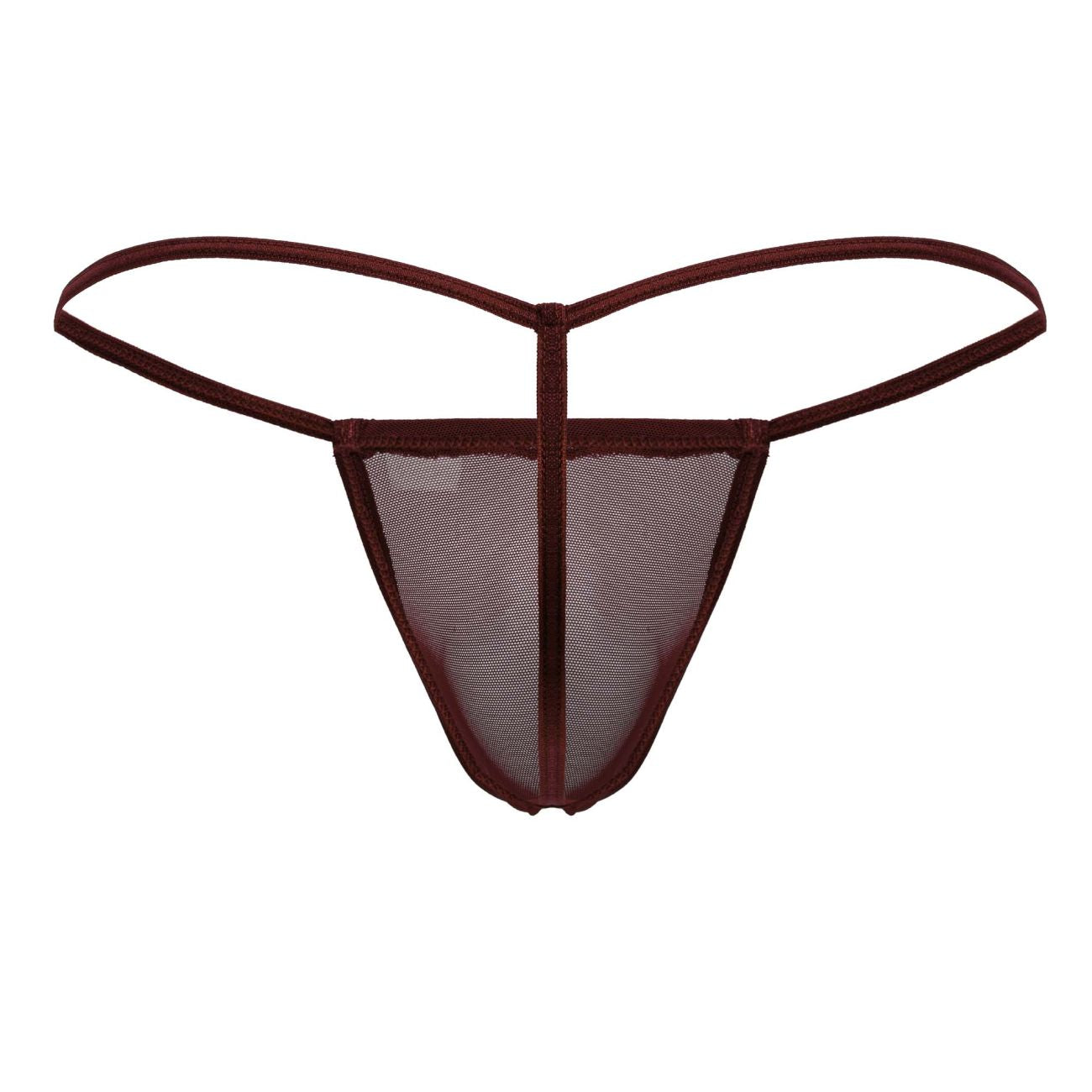 CandyMan 99246 g-string thong in burgundy with maroon mesh and solid fabric waistband and leg openings
