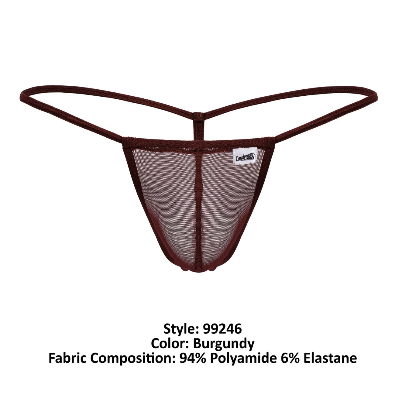 CandyMan 99246 burgundy mesh thong with thin elastic straps and branded label showing the front side view