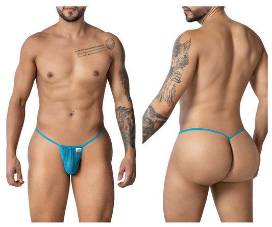 A vibrant turquoise blue sheer mesh CandyMan 99246 G-string thong with minimalist design and white brand tag
