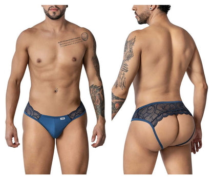 CandyMan 99312 lace jockstrap in navy with blue lace trim and sleek form-fitting design for men