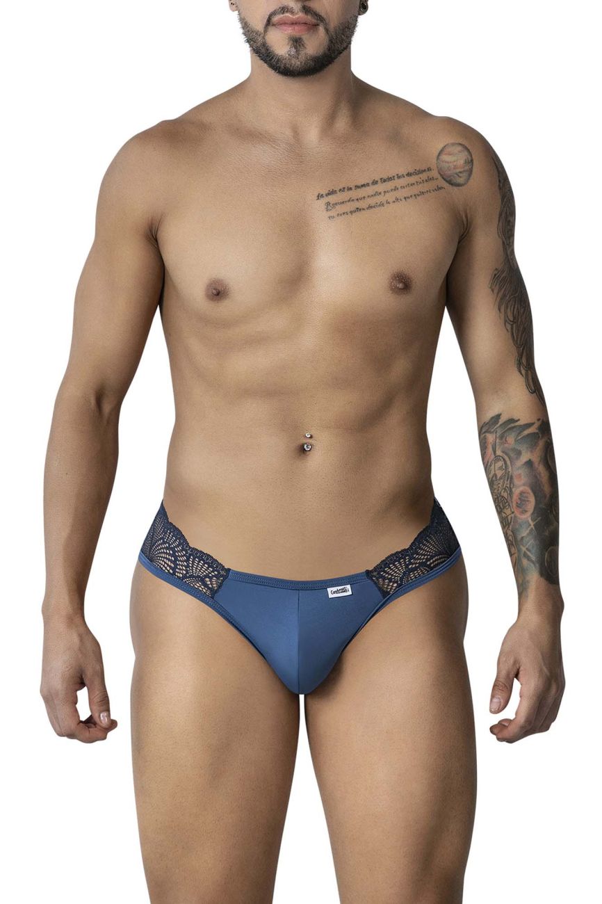 Blue lace-trimmed mens briefs with a branded tag in navy by candyman 99312 lace jockstrap