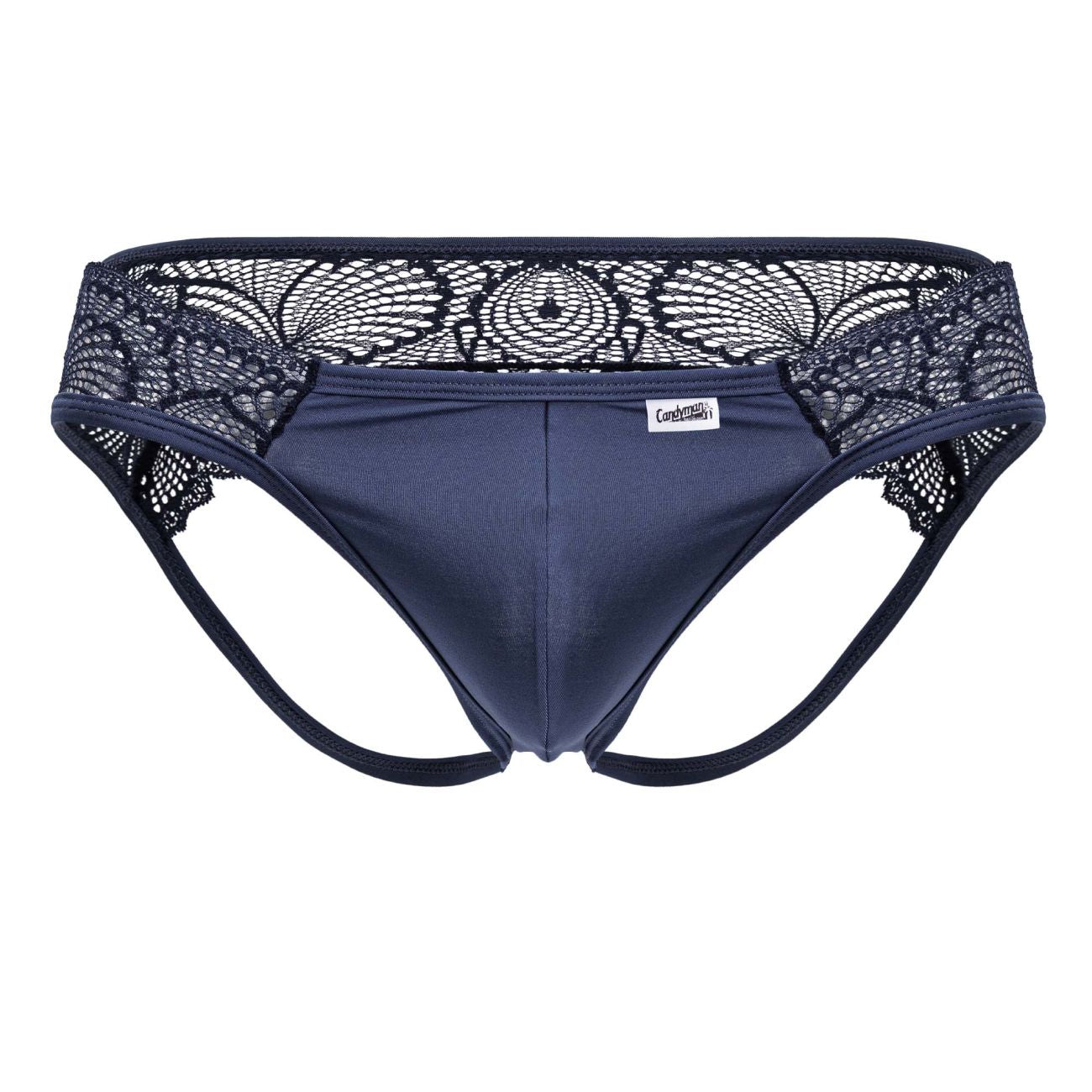 Navy blue lace-trimmed mens briefs with smooth fabric and black floral embroidery on the waistband candyMan 99312 lace jockstrap