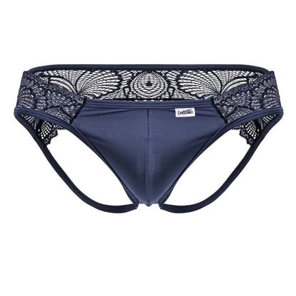 Navy blue lace-trimmed mens briefs with smooth fabric and black floral embroidery on the waistband candyMan 99312 lace jockstrap
