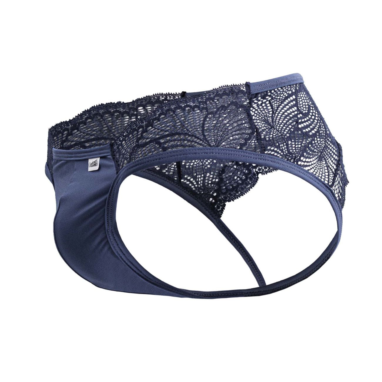 Navy blue candy man 99312 lace jockstrap briefs with smooth fabric front and delicate floral lace trim
