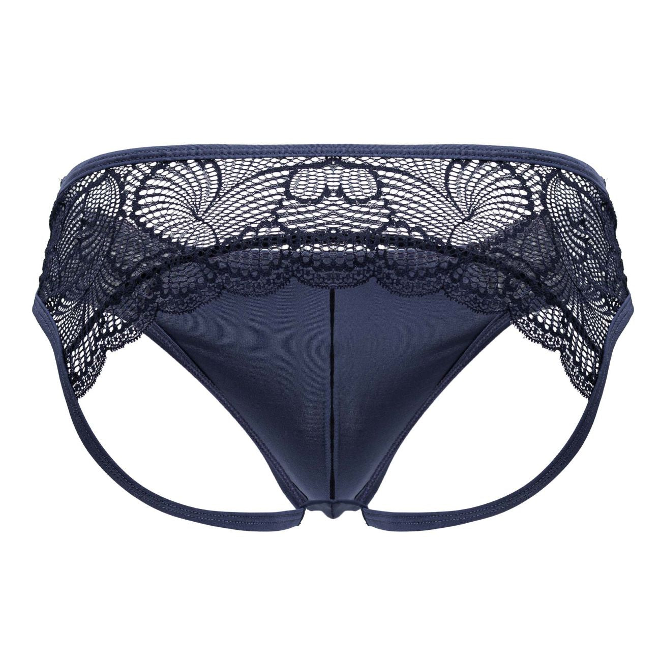 Navy blue candy man 99312 lace jockstrap thong with floral lace waistband and smooth satin-like fabric