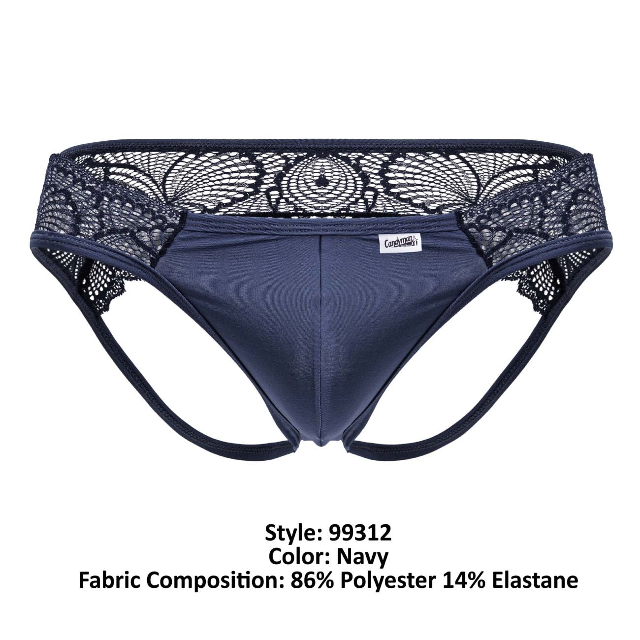 Navy blue CandyMan 99312 lace jockstrap briefs with smooth stretchy fabric and black floral lace trim waistband