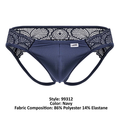 Navy blue CandyMan 99312 lace jockstrap briefs with smooth stretchy fabric and black floral lace trim waistband