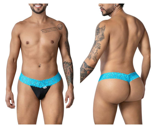 Blue lace-trimmed black briefs candyMan 99370 lace thongs highlighting delicate lace and color contrast