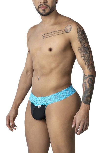 Black lace-trimmed briefs with a vibrant blue floral patterned waistband from candyman 99370 lace thongs color blue