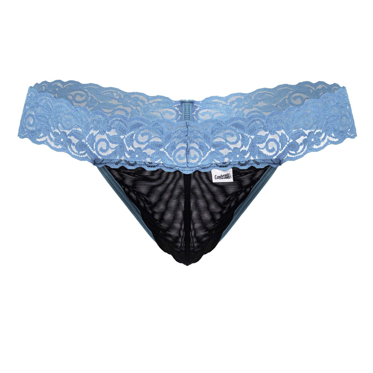 Light blue CandyMan 99370 thong featuring lace trim and black mesh interior for comfortable stylish wear