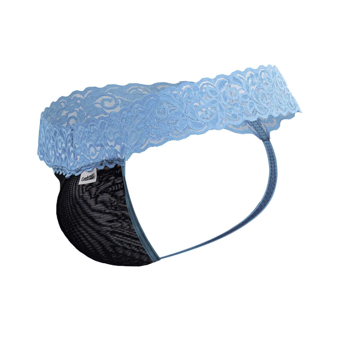 CandyMan 99370 blue lace thong with light blue lace trim and black mesh front for stylish comfort