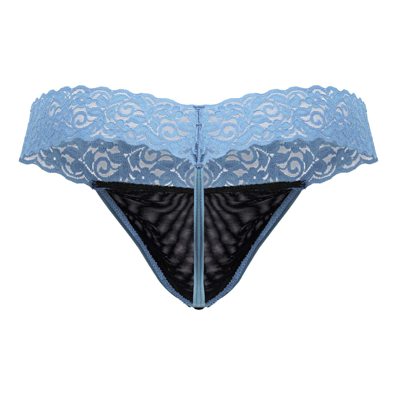 Light blue candyMan 99370 lace thong with black mesh interior and central zipper detail