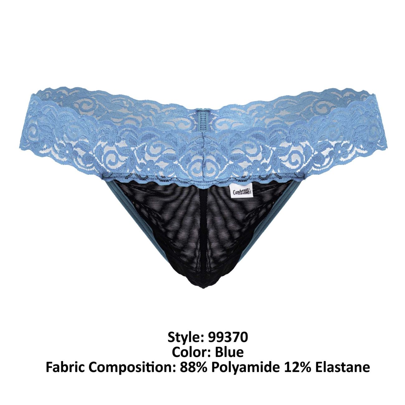 Blue CandyMan 99370 lace thong with lace trim and black mesh interior showing front side details