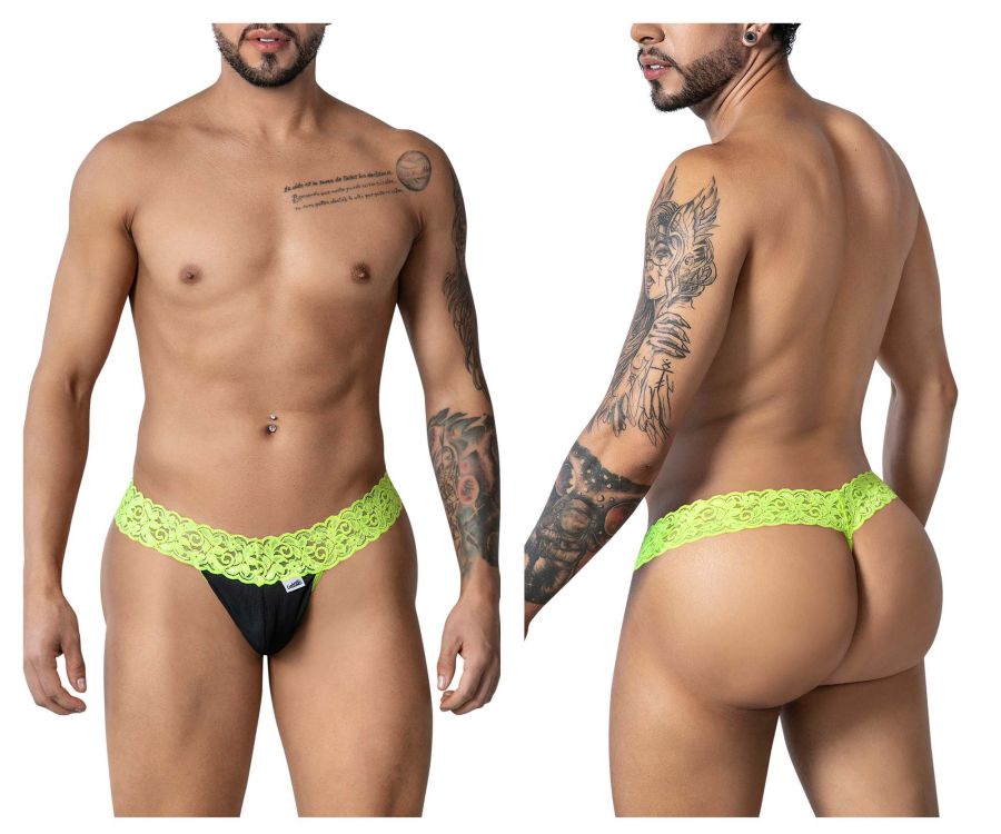 CandyMan 99370 lace thongs in vibrant neon green with black lace trim made of soft breathable fabric