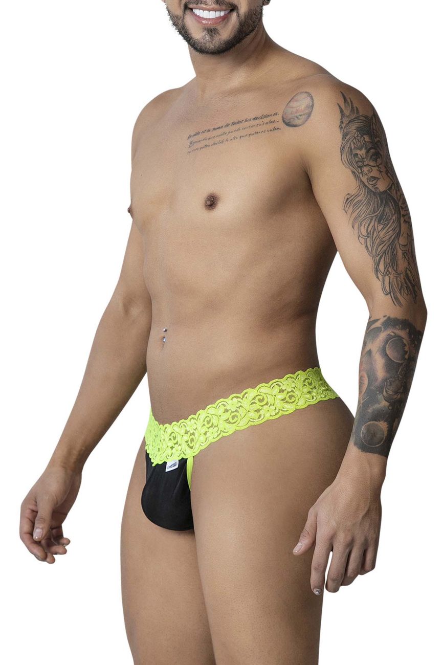 CandyMan 99370 lace thongs in vibrant neon green with black lace trim featuring a delicate lace design