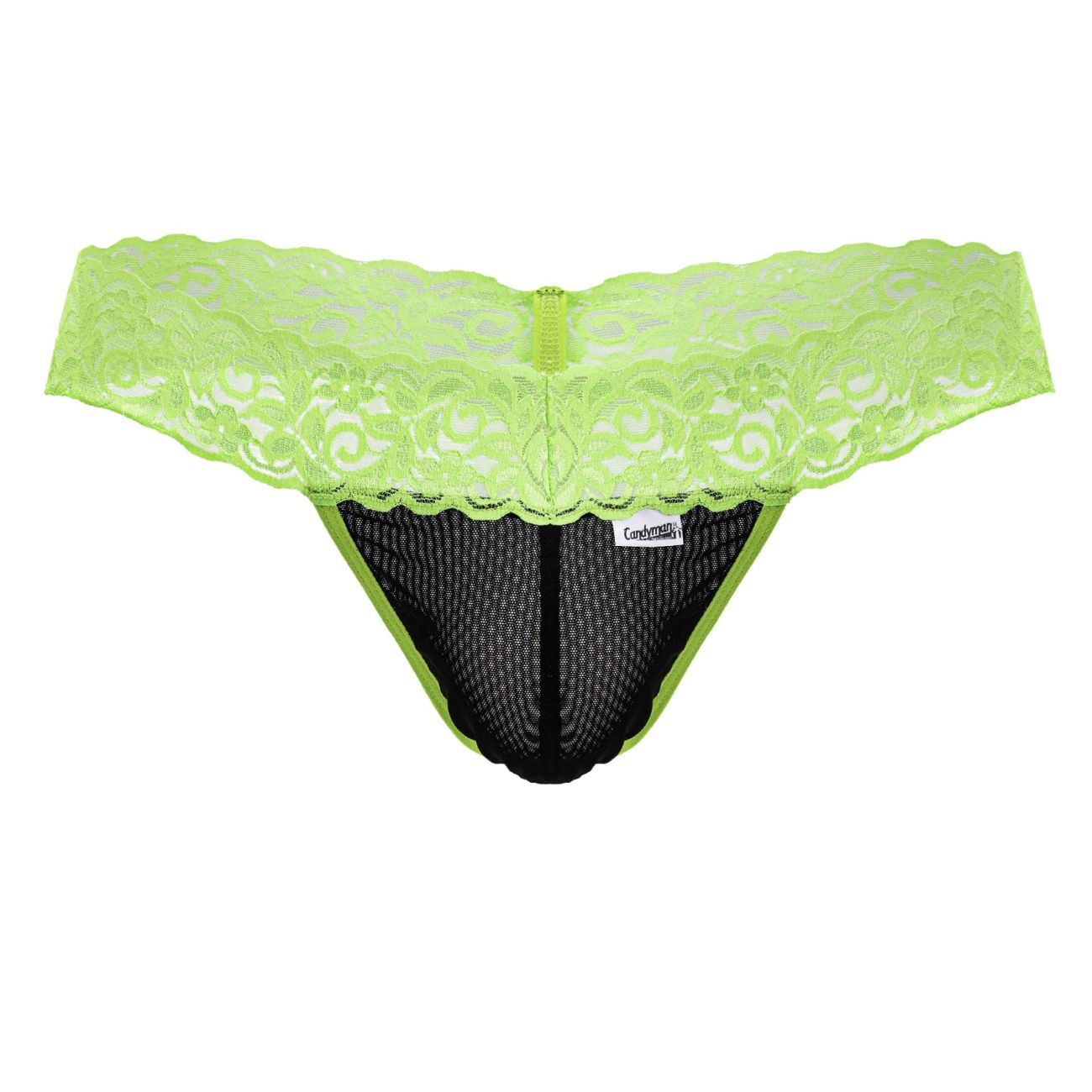 CandyMan 99370 lace thong in hot green with lime green lace trim black mesh and a central zipper detail