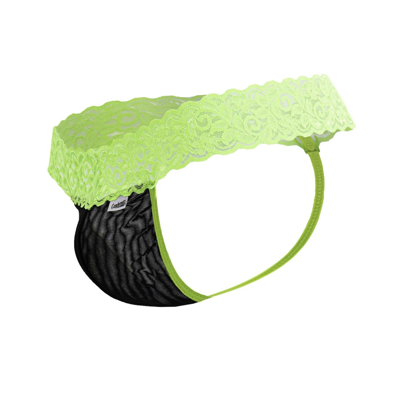 CandyMan 99370 lace thongs in lime green with lace-trimmed black mesh briefs for a stylish, comfortable fit