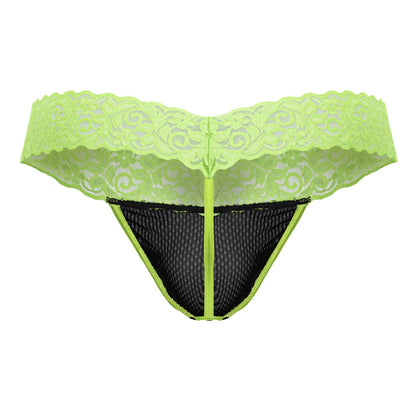 CandyMan 99370 lime green lace thong with black mesh panel and central zipper for stylish lingerie wear