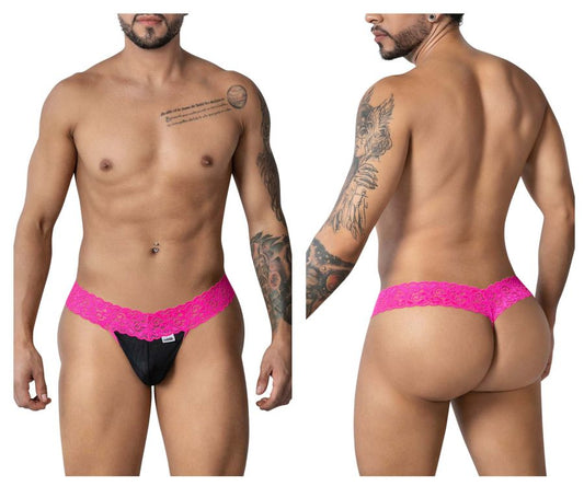 Vibrant hot pink candyMan 99370 thong with black lace trim and small brand tag on waistband