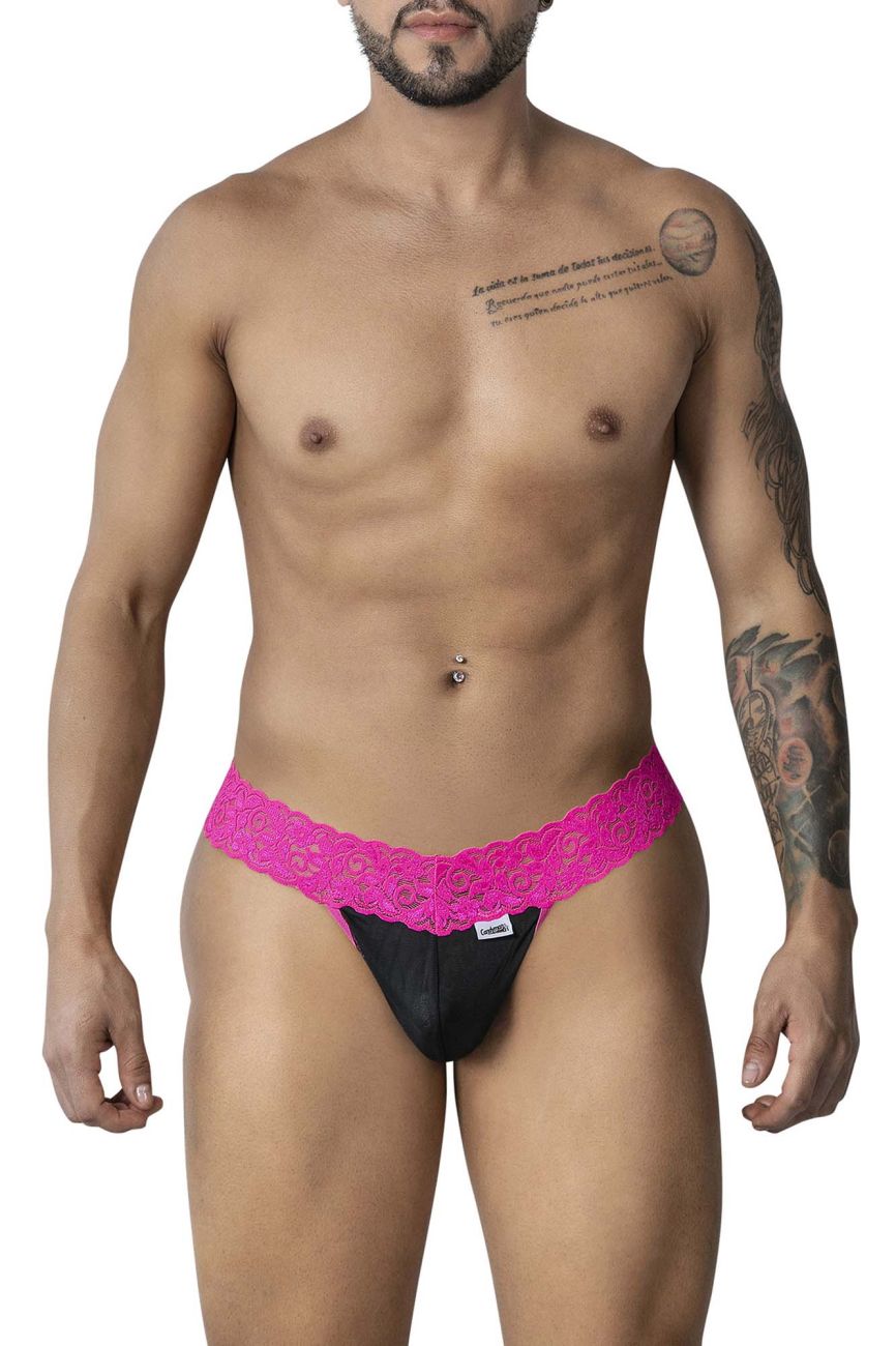 Black and fuchsia lace-trimmed CandyMan 99370 lace thongs with branded tag in hot pink color