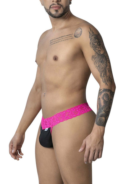 Bright pink lace-trimmed black briefs from candyman 99370 lace thongs in hot pink with delicate lace detailing