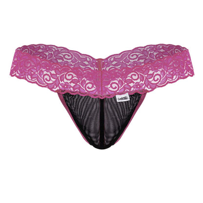 Pink lace thong candyman 99370 with black mesh interior and central zipper in hot pink color front view