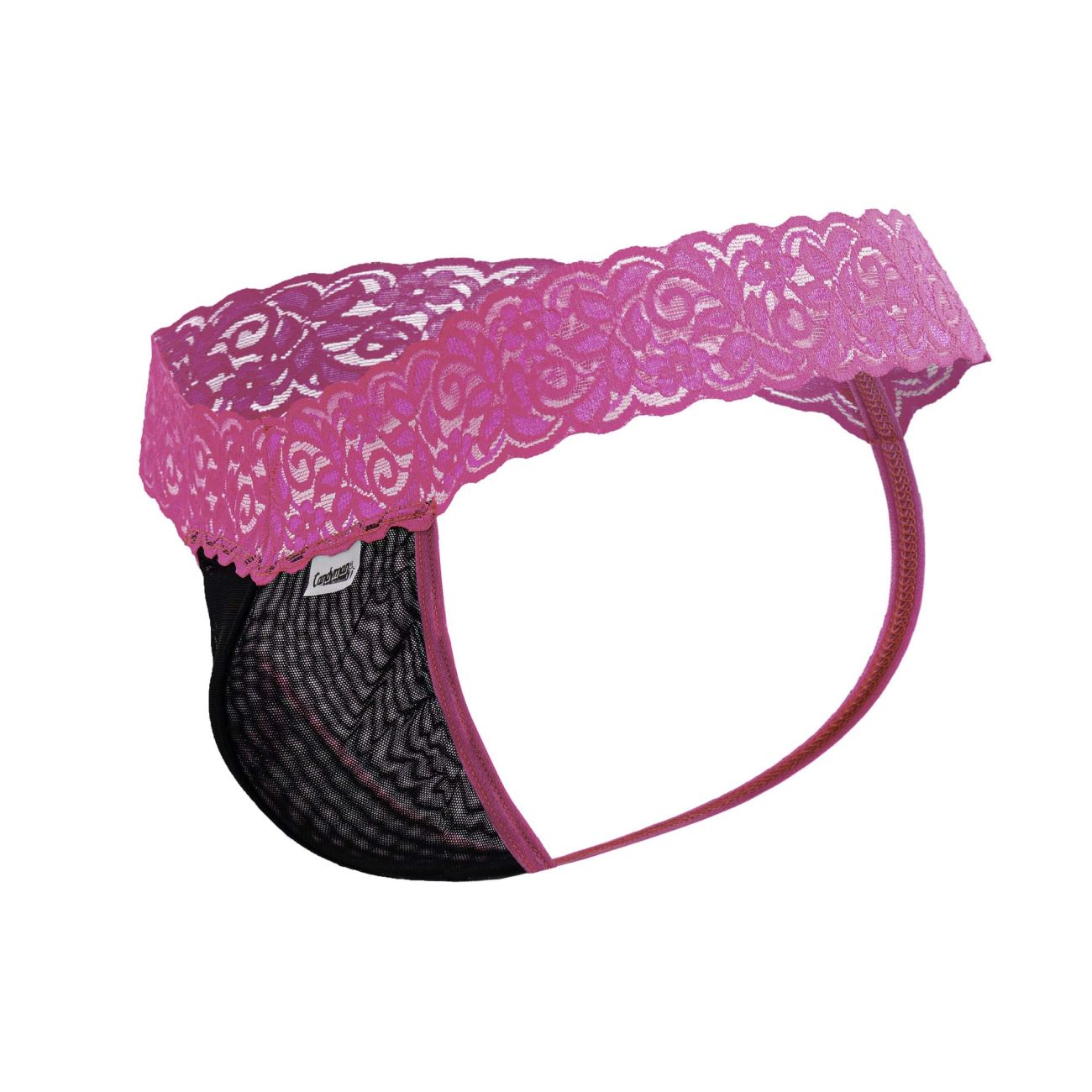 Pink lace-trimmed black mesh thong with branded tag from candyman 99370 lace thongs in hot pink color