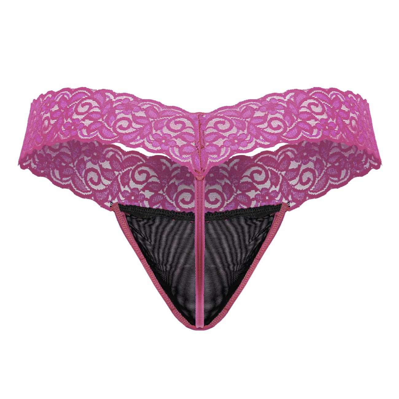 A vibrant hot pink CandyMan 99370 lace thong with black mesh panel and matching zipper detail