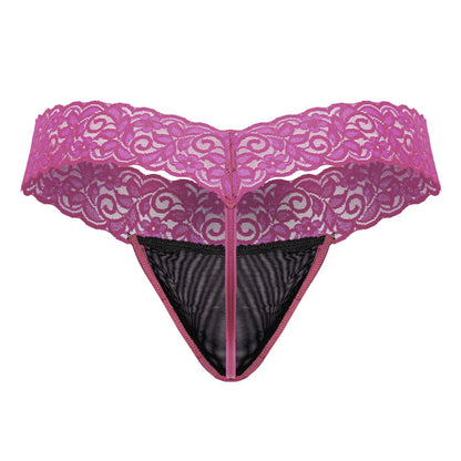 A vibrant hot pink CandyMan 99370 lace thong with black mesh panel and matching zipper detail