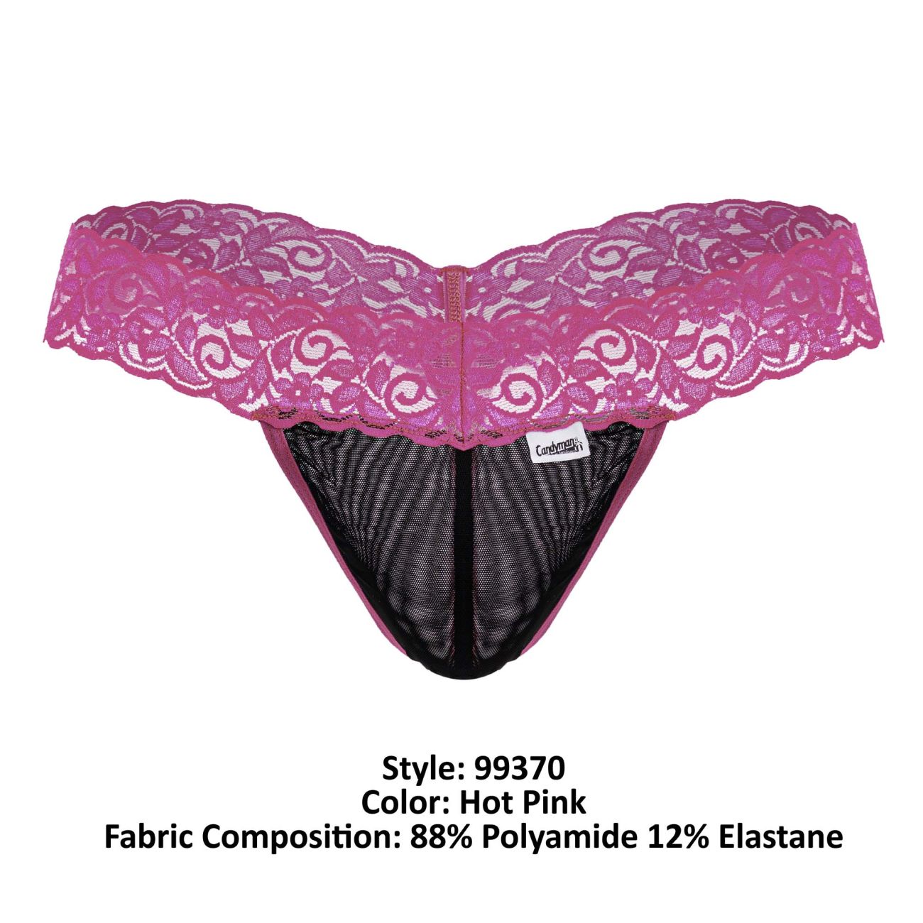 CandyMan 99370 hot pink lace thong with black mesh interior and central zipper detail