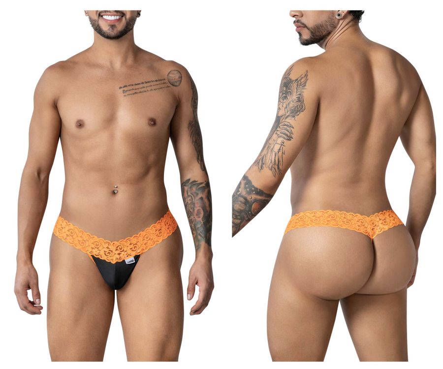 Orange candy man 99370 lace thong featuring delicate lace trim in black on the front side