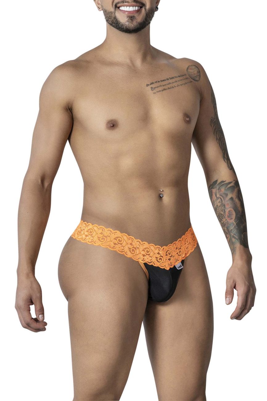 Orange lace-trimmed black thong with small white brand tag on the side from Candyman 99370 lace thongs color orange