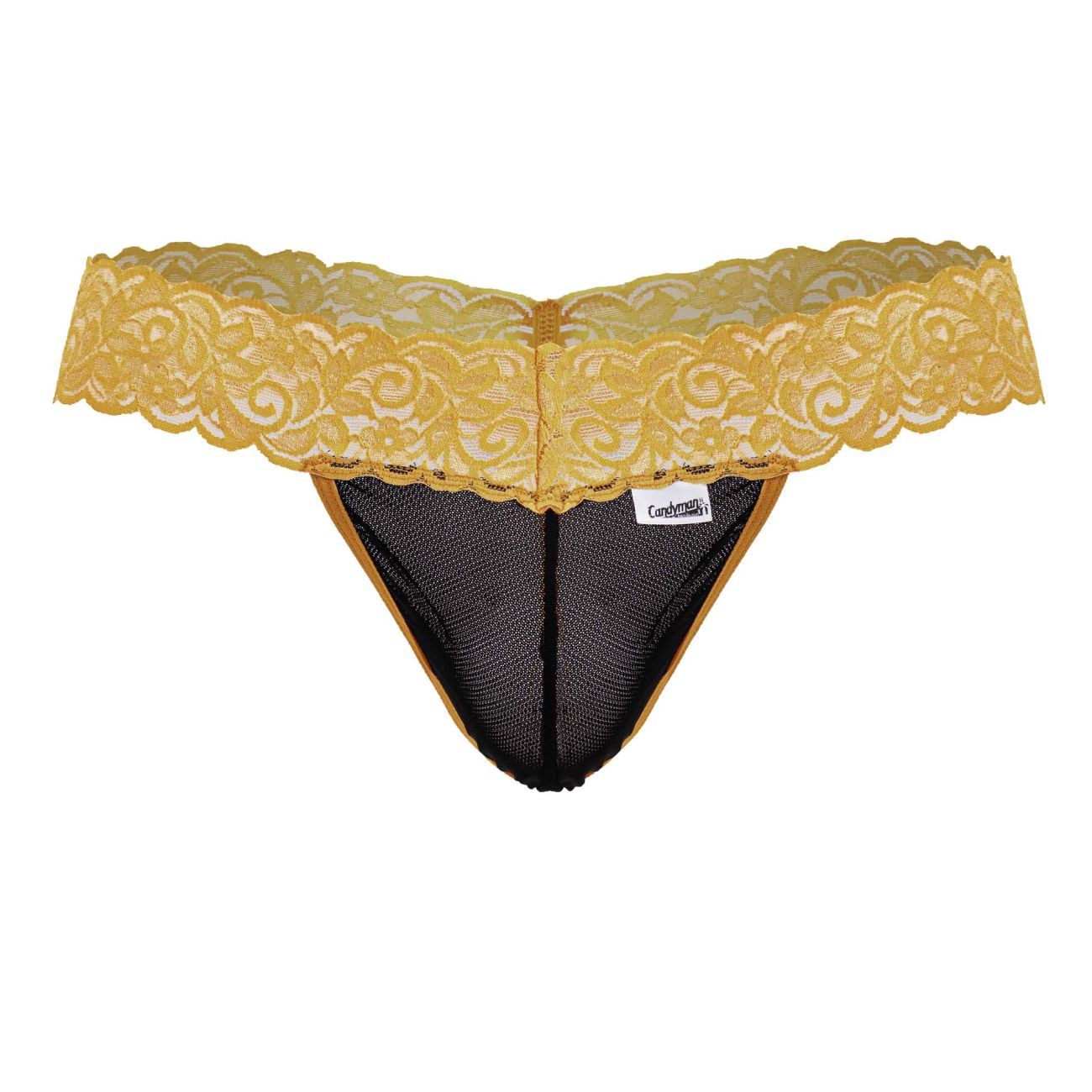 CandyMan 99370 orange lace thong with yellow lace trim black mesh scalloped edge and brand tag visible